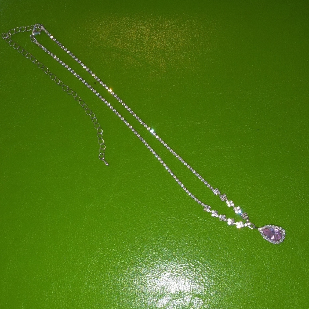 Source Unknown Silver Necklace with Purple Teardrop Pendant